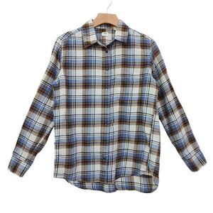 Uniqlo Flannel Shirt Womens Small Beige Plaid Button Up Long Sleeve Preppy Soft